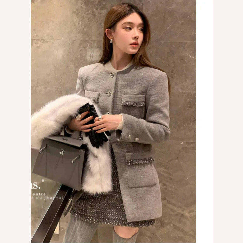 Small Fragrant Wind Winter Sets Round Collar Clip Split Frayed Irregular Outerwear + High Waist Skirt Fashionable Two-piece Suit - KIMLUD