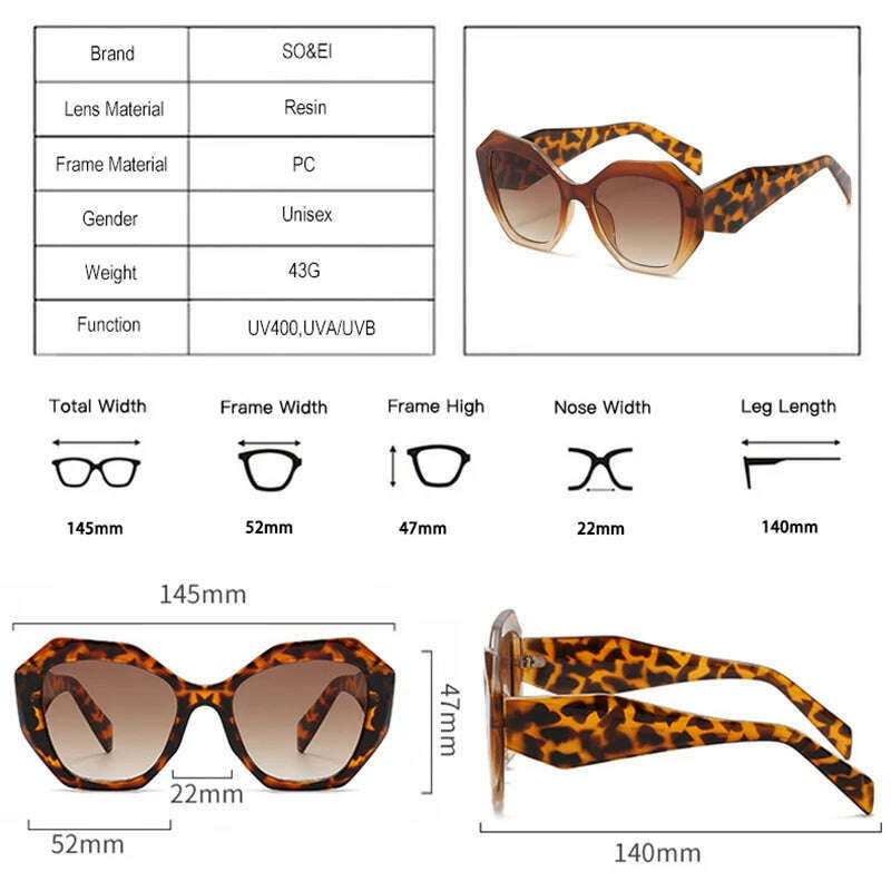 SO&amp;EI Fashion Oversized Polygon Cat Eye Sunglasses Women Retro Colorful Leopard Shades UV400 Men Gradient Sun Glasses - KIMLUD