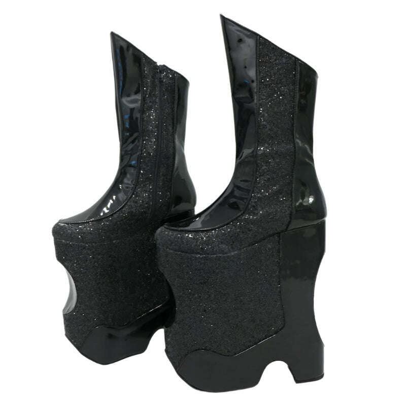 KIMLUD, Sorbern Black Cross Dresser Low Calf High Boots Women Wedges High Heels Platform Drag Queen Booties Special Wedges Custom Color, KIMLUD Womens Clothes