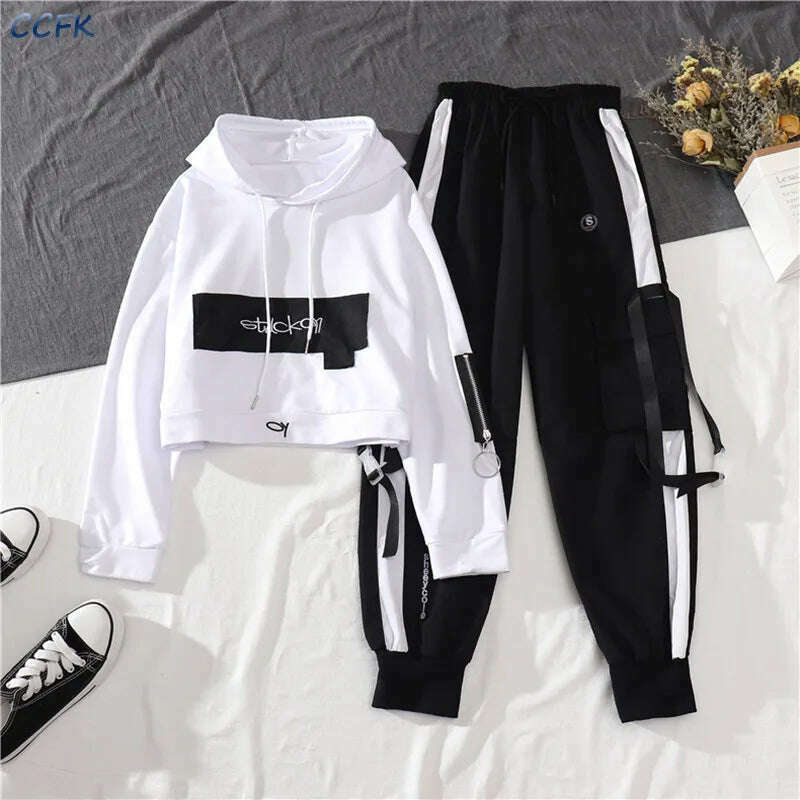 KIMLUD, Spring Autumn Female Cargo Pants Sets Egirl Streetwear High Waist Joggers Women 2 Piece Set Long Sleeve Top with Trousers, KIMLUD Womens Clothes