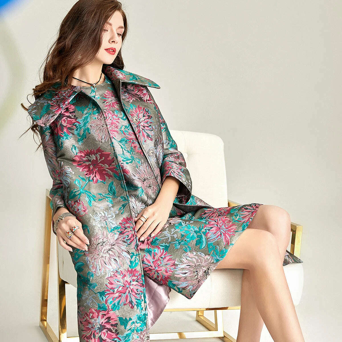 Spring Autumn Jacquard Coat for Women Long Sleeve Covered Button Fall Windbreaker Jackets Korean Coats Women Trench Luxury - KIMLUD