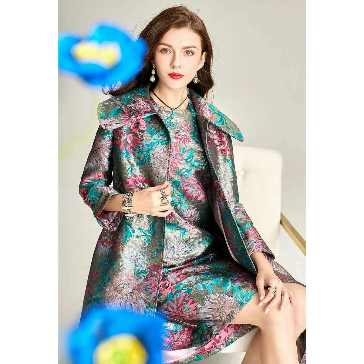 Spring Autumn Jacquard Coat for Women Long Sleeve Covered Button Fall Windbreaker Jackets Korean Coats Women Trench Luxury - KIMLUD