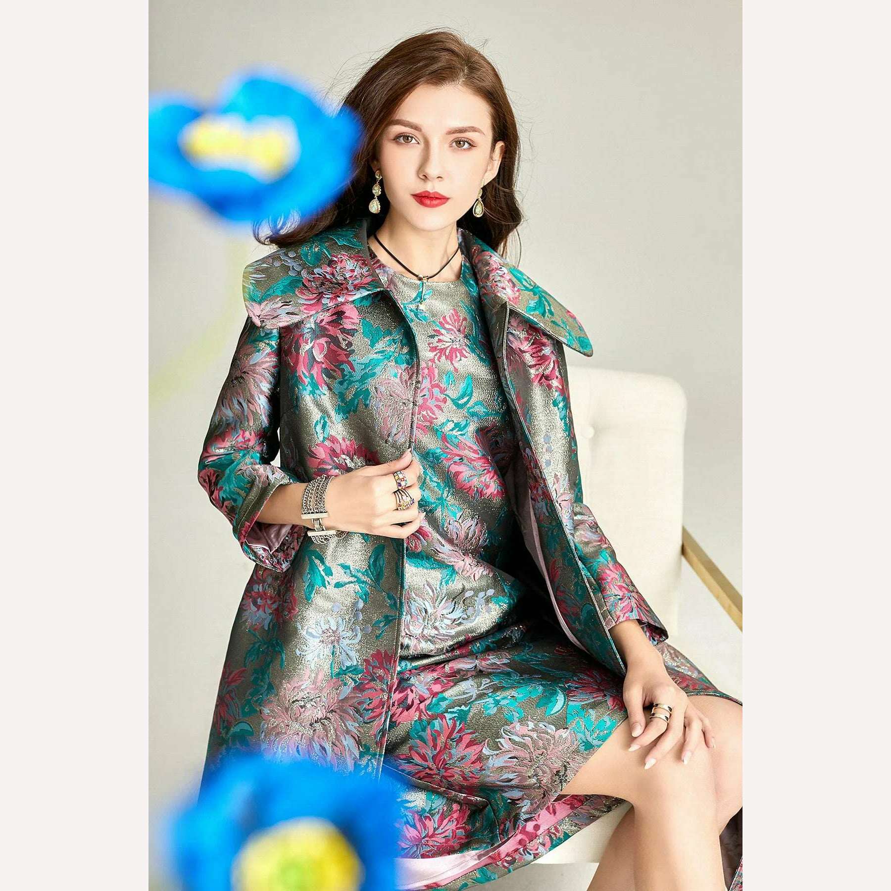 Spring Autumn Jacquard Coat for Women Long Sleeve Covered Button Fall Windbreaker Jackets Korean Coats Women Trench Luxury - KIMLUD