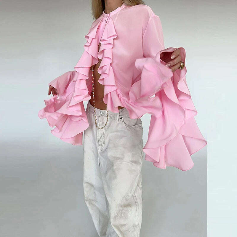 Spring Fashion Design Ruffle Single Breasted Shirt Casual Women O-neck Butterfly Sleeve Blouses Lady Temperament Cardigan Tops - KIMLUD