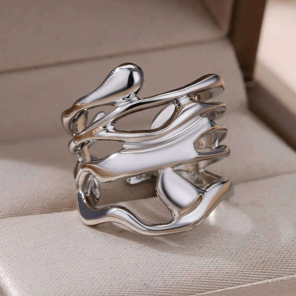Stainless Steel Rings For Women Men Gold Color Hollow Wide Ring Female Male Engagement Wedding Party Finger Jewelry Gift Trend - KIMLUD