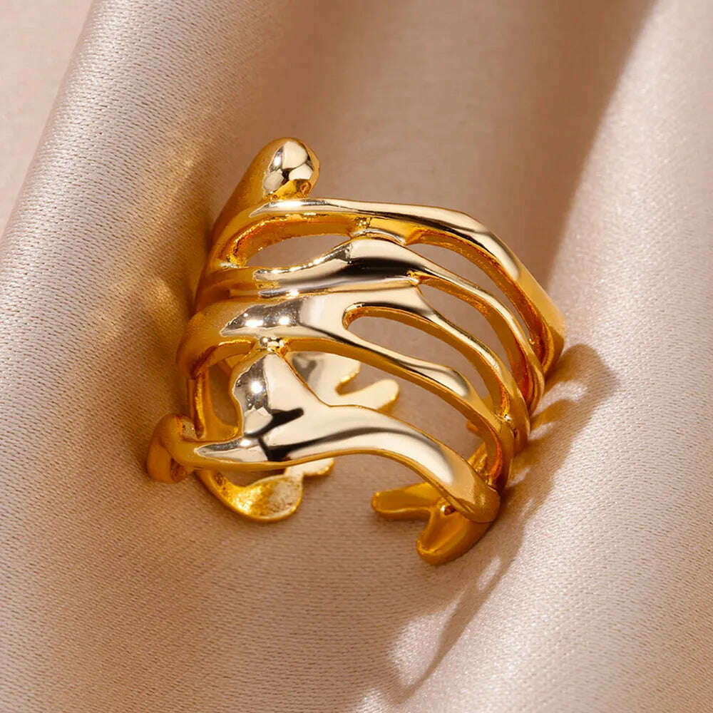 Stainless Steel Rings For Women Men Gold Color Hollow Wide Ring Female Male Engagement Wedding Party Finger Jewelry Gift Trend - KIMLUD