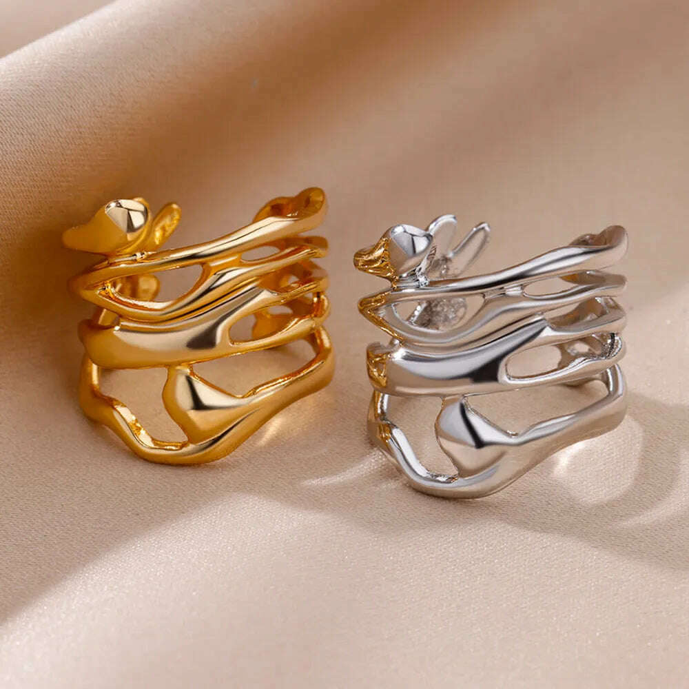 Stainless Steel Rings For Women Men Gold Color Hollow Wide Ring Female Male Engagement Wedding Party Finger Jewelry Gift Trend - KIMLUD
