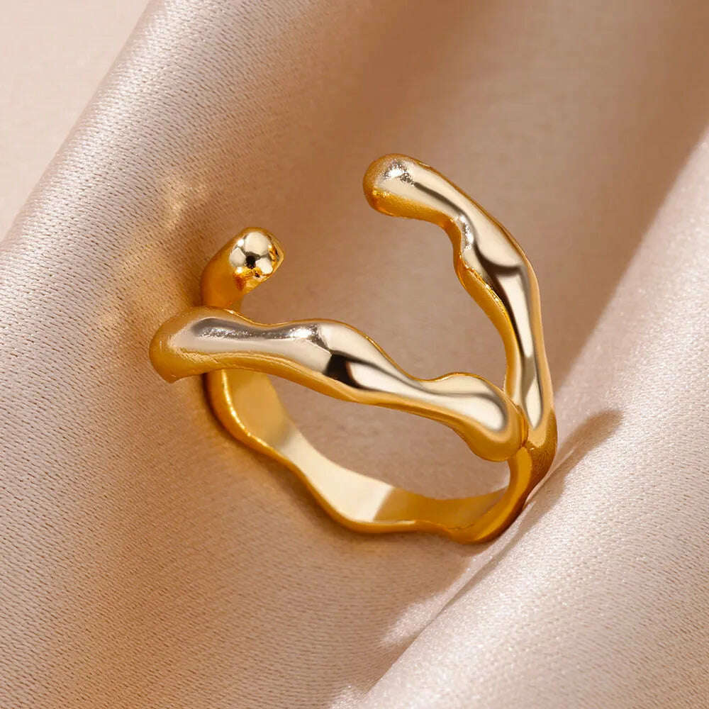 Stainless Steel Rings For Women Men Gold Color Hollow Wide Ring Female Male Engagement Wedding Party Finger Jewelry Gift Trend - KIMLUD