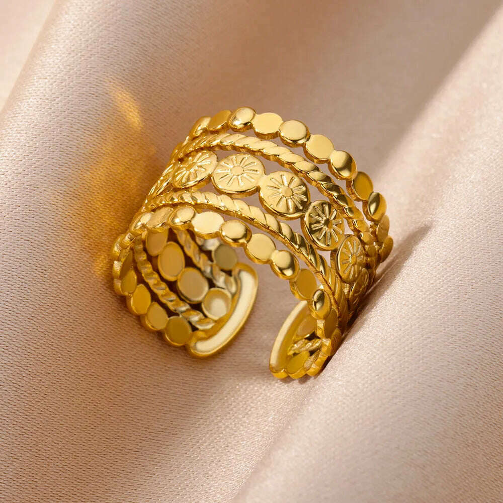 Stainless Steel Rings For Women Men Gold Color Hollow Wide Ring Female Male Engagement Wedding Party Finger Jewelry Gift Trend - KIMLUD