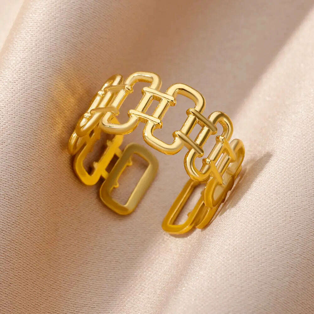 Stainless Steel Rings For Women Men Gold Color Hollow Wide Ring Female Male Engagement Wedding Party Finger Jewelry Gift Trend - KIMLUD