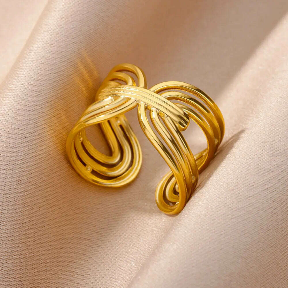 Stainless Steel Rings For Women Men Gold Color Hollow Wide Ring Female Male Engagement Wedding Party Finger Jewelry Gift Trend - KIMLUD