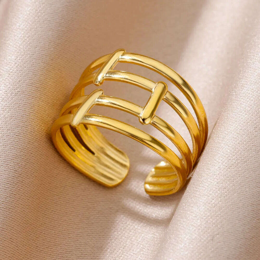 Stainless Steel Rings For Women Men Gold Color Hollow Wide Ring Female Male Engagement Wedding Party Finger Jewelry Gift Trend - KIMLUD