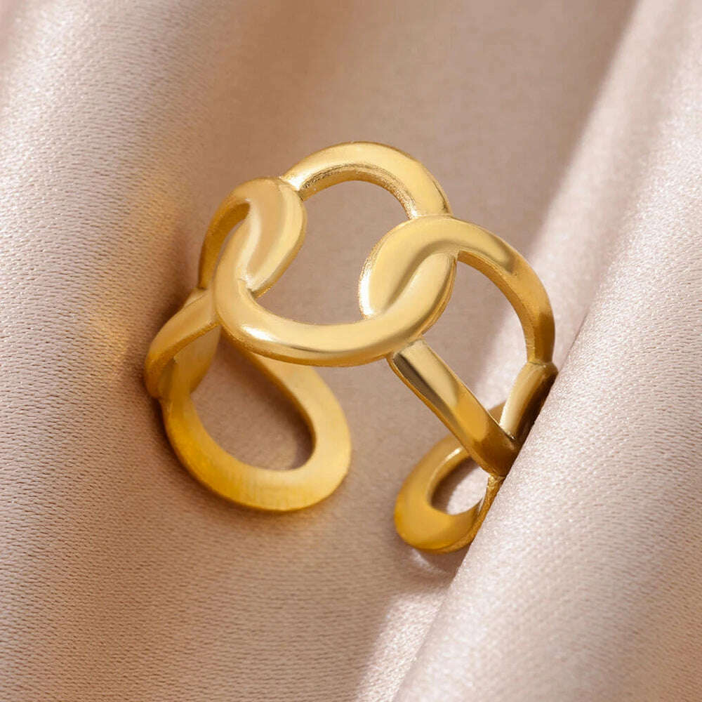 Stainless Steel Rings For Women Men Gold Color Hollow Wide Ring Female Male Engagement Wedding Party Finger Jewelry Gift Trend - KIMLUD