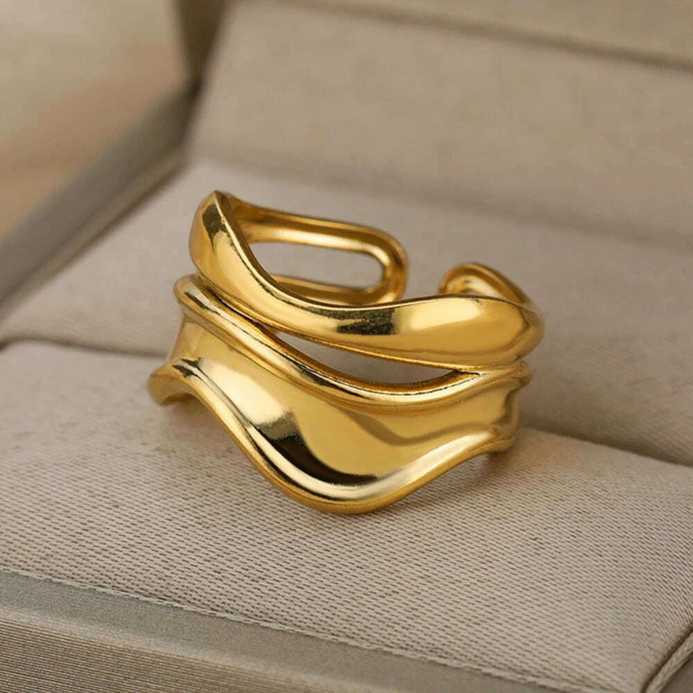 Stainless Steel Rings For Women Men Gold Color Hollow Wide Ring Female Male Engagement Wedding Party Finger Jewelry Gift Trend - KIMLUD