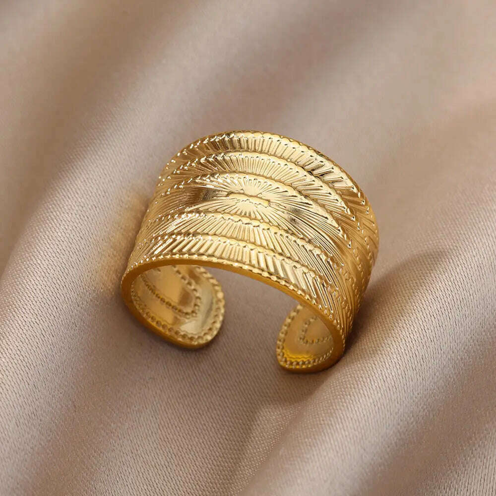 Stainless Steel Rings For Women Men Gold Color Hollow Wide Ring Female Male Engagement Wedding Party Finger Jewelry Gift Trend - KIMLUD