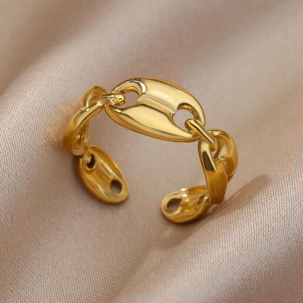 Stainless Steel Rings For Women Men Gold Color Hollow Wide Ring Female Male Engagement Wedding Party Finger Jewelry Gift Trend - KIMLUD