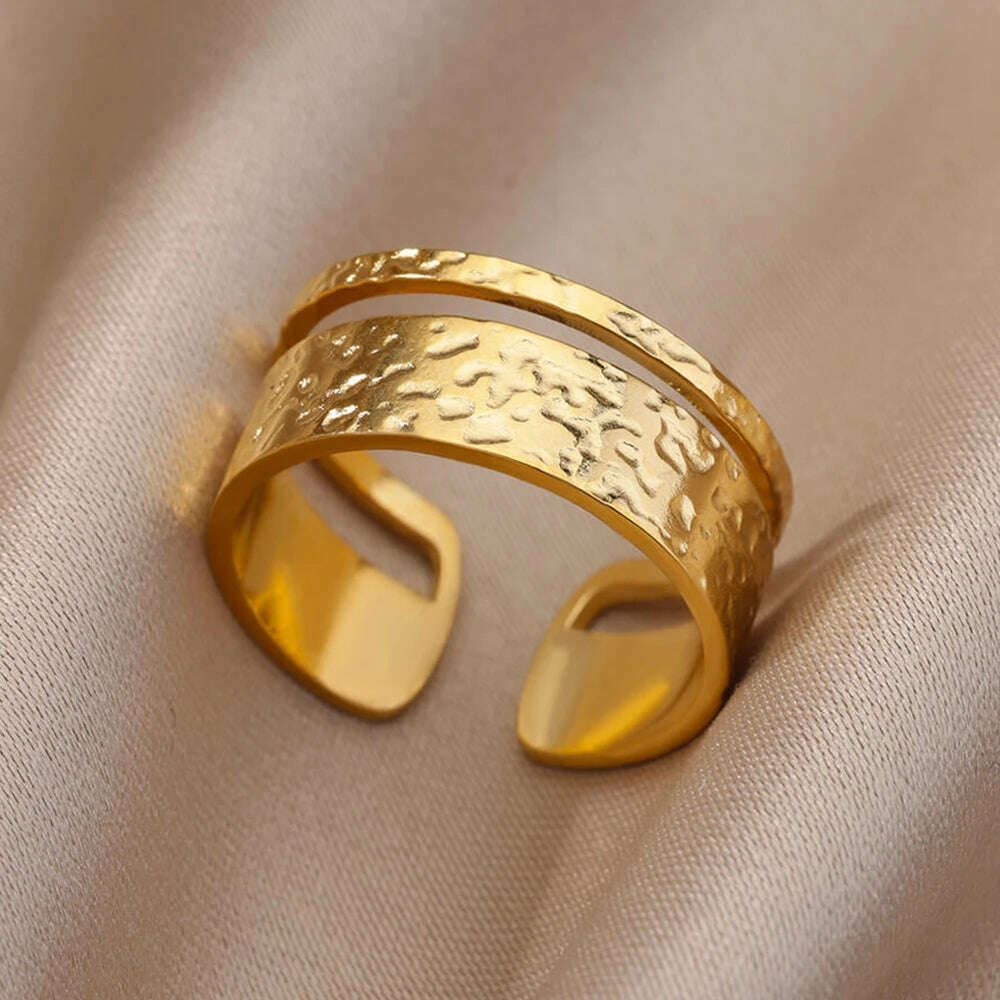 Stainless Steel Rings For Women Men Gold Color Hollow Wide Ring Female Male Engagement Wedding Party Finger Jewelry Gift Trend - KIMLUD
