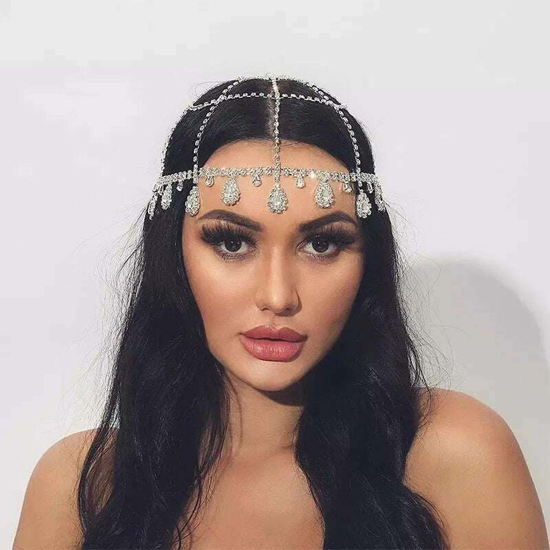 KIMLUD, Stonefans Boho Bridal Wedding Head Chain Rhinestone Hair Jewelry for Women Free shippin Oval Crystal Hair Chain Accessories Gift, KIMLUD Womens Clothes