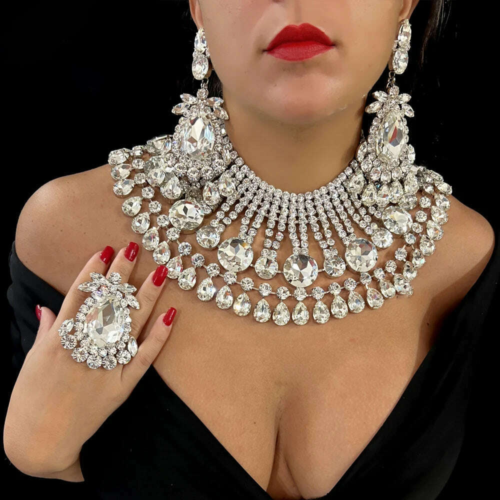 KIMLUD, Stonefans Oversized Round Necklace Set With Earrings for Girls Women Y2k Accessories Luxury Wedding Set Decoration Jewelry Gifts, KIMLUD Womens Clothes