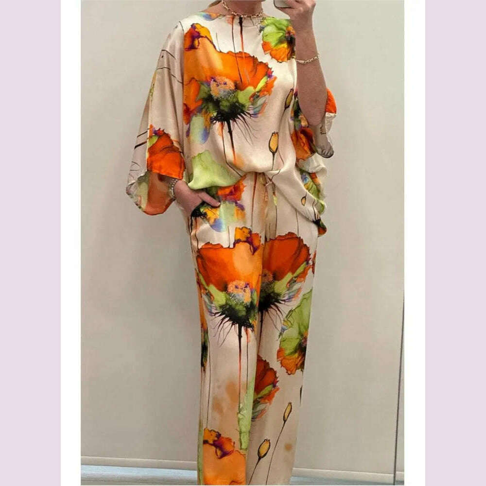 KIMLUD, Summer Fashion Printed Satin Two Piece Sets Women Sexy Round Neck 3/4 Sleeved Top + Wide Leg Long Pants Casual Two Piece Set, KIMLUD Womens Clothes