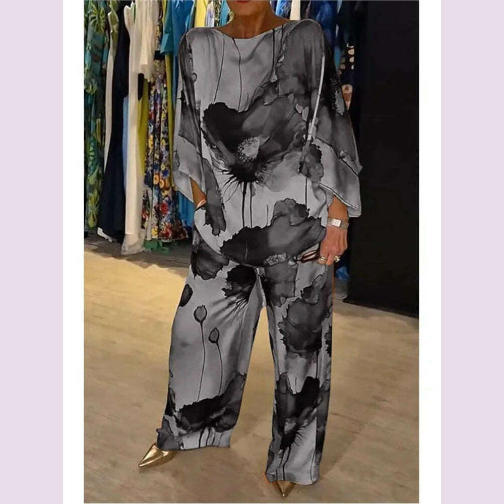 KIMLUD, Summer Fashion Printed Satin Two Piece Sets Women Sexy Round Neck 3/4 Sleeved Top + Wide Leg Long Pants Casual Two Piece Set, KIMLUD Womens Clothes