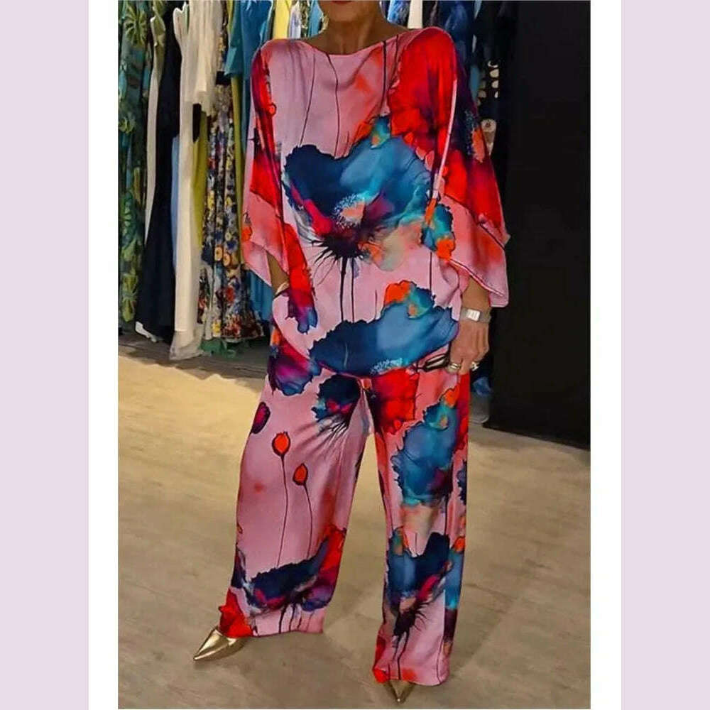 KIMLUD, Summer Fashion Printed Satin Two Piece Sets Women Sexy Round Neck 3/4 Sleeved Top + Wide Leg Long Pants Casual Two Piece Set, KIMLUD Womens Clothes