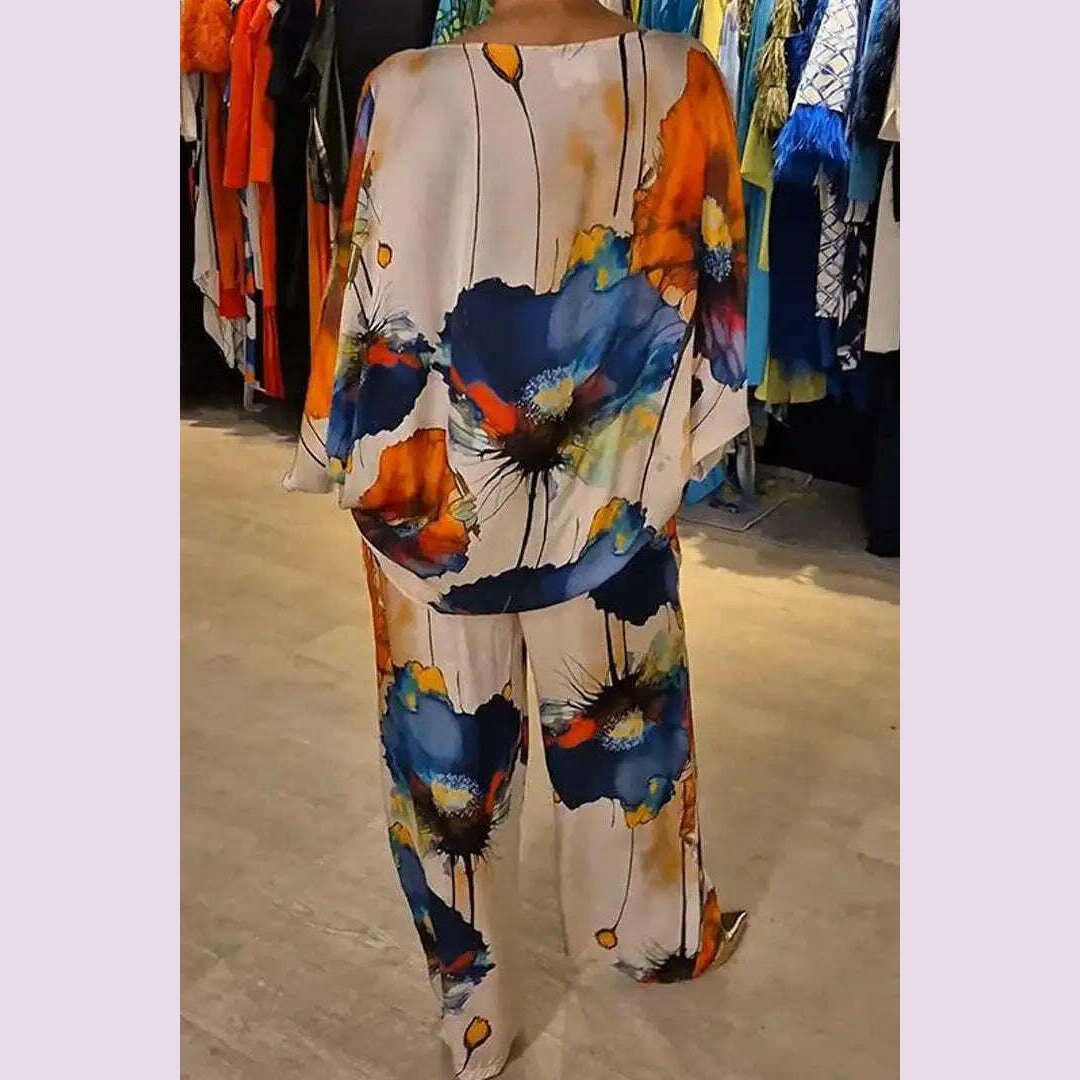 KIMLUD, Summer Fashion Printed Satin Two Piece Sets Women Sexy Round Neck 3/4 Sleeved Top + Wide Leg Long Pants Casual Two Piece Set, KIMLUD Womens Clothes