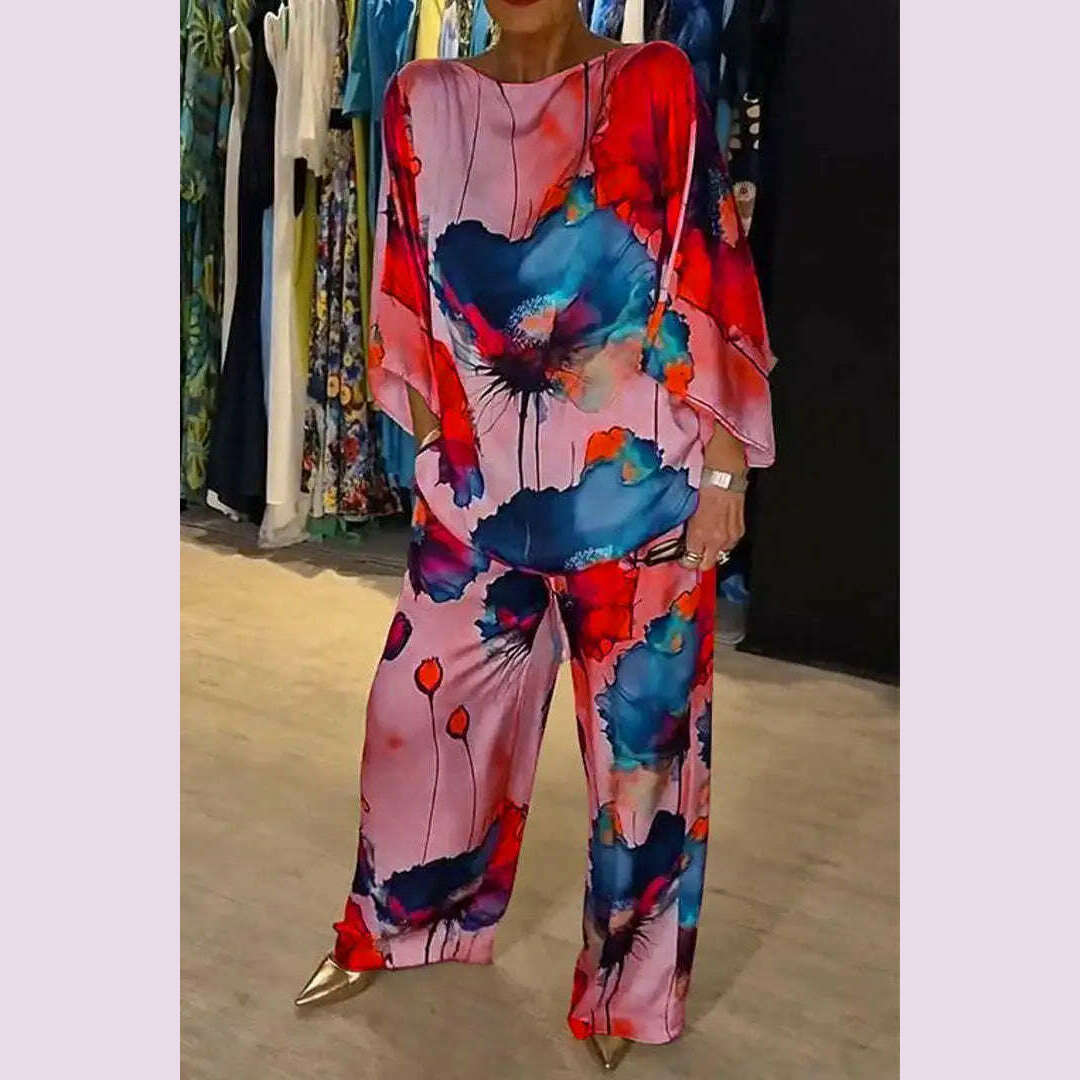 KIMLUD, Summer Fashion Printed Satin Two Piece Sets Women Sexy Round Neck 3/4 Sleeved Top + Wide Leg Long Pants Casual Two Piece Set, Pink / L, KIMLUD APPAREL - Womens Clothes