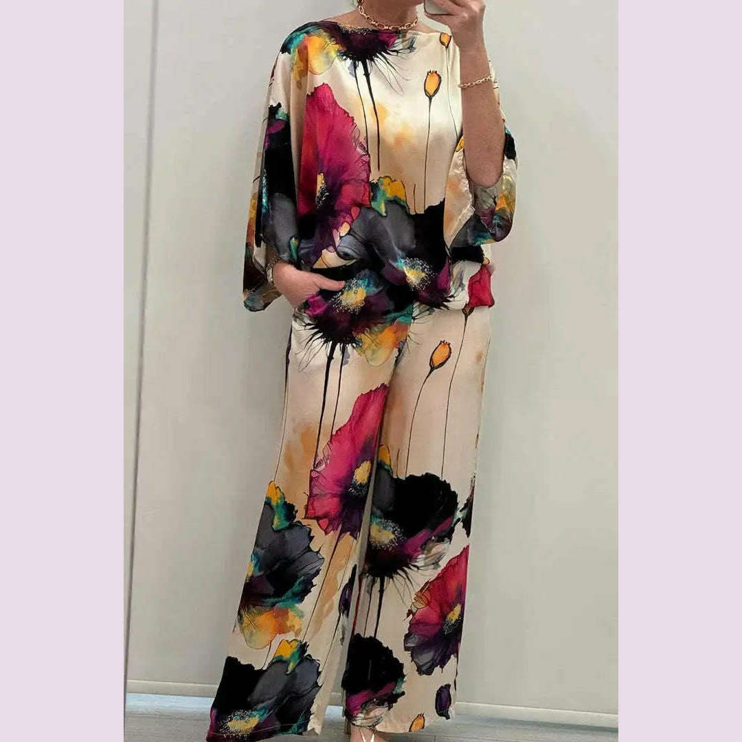 KIMLUD, Summer Fashion Printed Satin Two Piece Sets Women Sexy Round Neck 3/4 Sleeved Top + Wide Leg Long Pants Casual Two Piece Set, Black / XXL, KIMLUD APPAREL - Womens Clothes