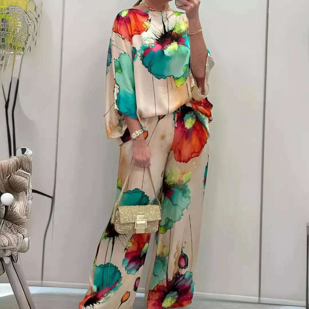 KIMLUD, Summer Fashion Printed Satin Two Piece Sets Women Sexy Round Neck 3/4 Sleeved Top + Wide Leg Long Pants Casual Two Piece Set, green / L, KIMLUD APPAREL - Womens Clothes