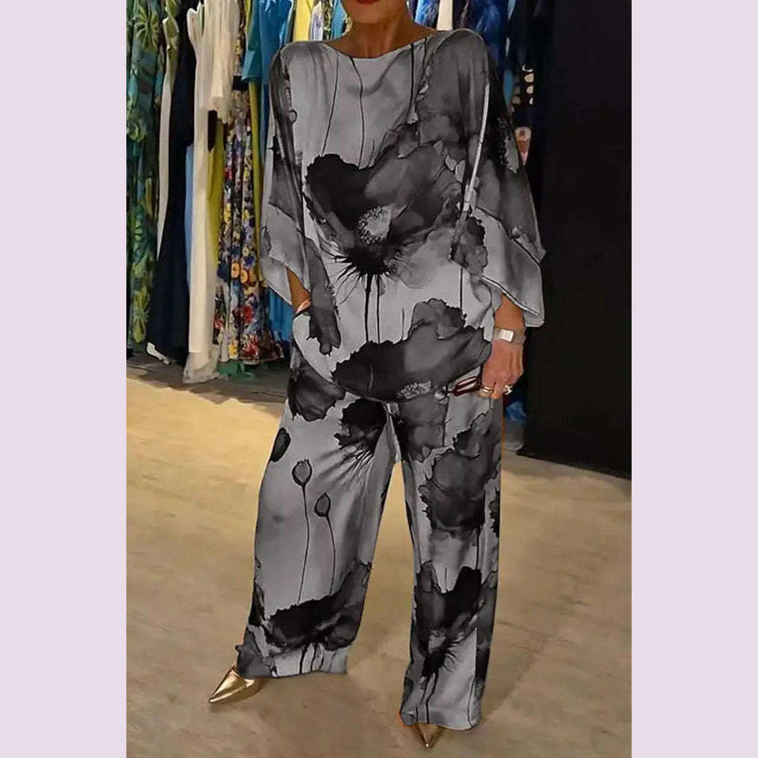 KIMLUD, Summer Fashion Printed Satin Two Piece Sets Women Sexy Round Neck 3/4 Sleeved Top + Wide Leg Long Pants Casual Two Piece Set, GRAY / XXL, KIMLUD APPAREL - Womens Clothes