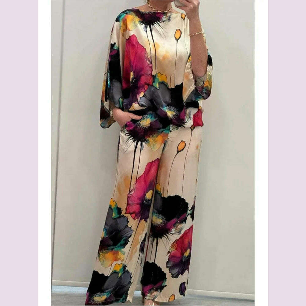 KIMLUD, Summer Fashion Printed Satin Two Piece Sets Women Sexy Round Neck 3/4 Sleeved Top + Wide Leg Long Pants Casual Two Piece Set, KIMLUD Womens Clothes