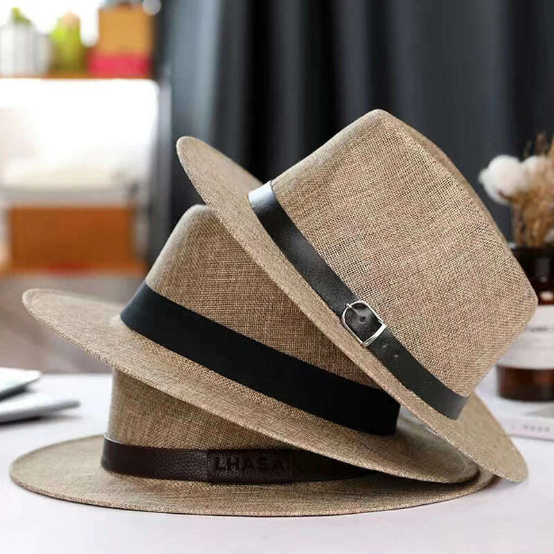 Summer hat men's Linen sun visor Panama flat edge British jazz hat high end sun protection gentleman hat Outdoor sun hat - KIMLUD