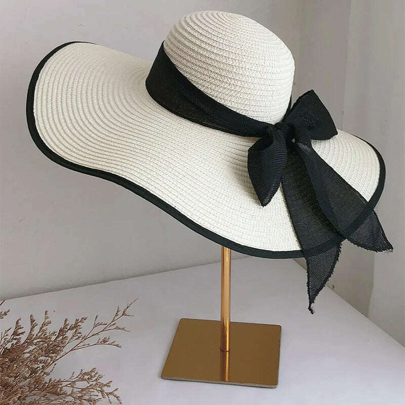 KIMLUD, Summer Women Straw Hat Bowknot Wide Brim Floppy Panama Hats Female Lady Outdoor Foldable Beach Sun Cap, KIMLUD Womens Clothes