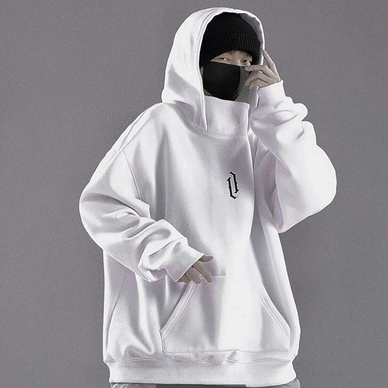 Sweatshirt For Men Male Ninja Style Japanese Hoodie Autumn Winter Solid Turtleneck Long Sleeve Hoodie Pocket Punk Oversize Tops - KIMLUD