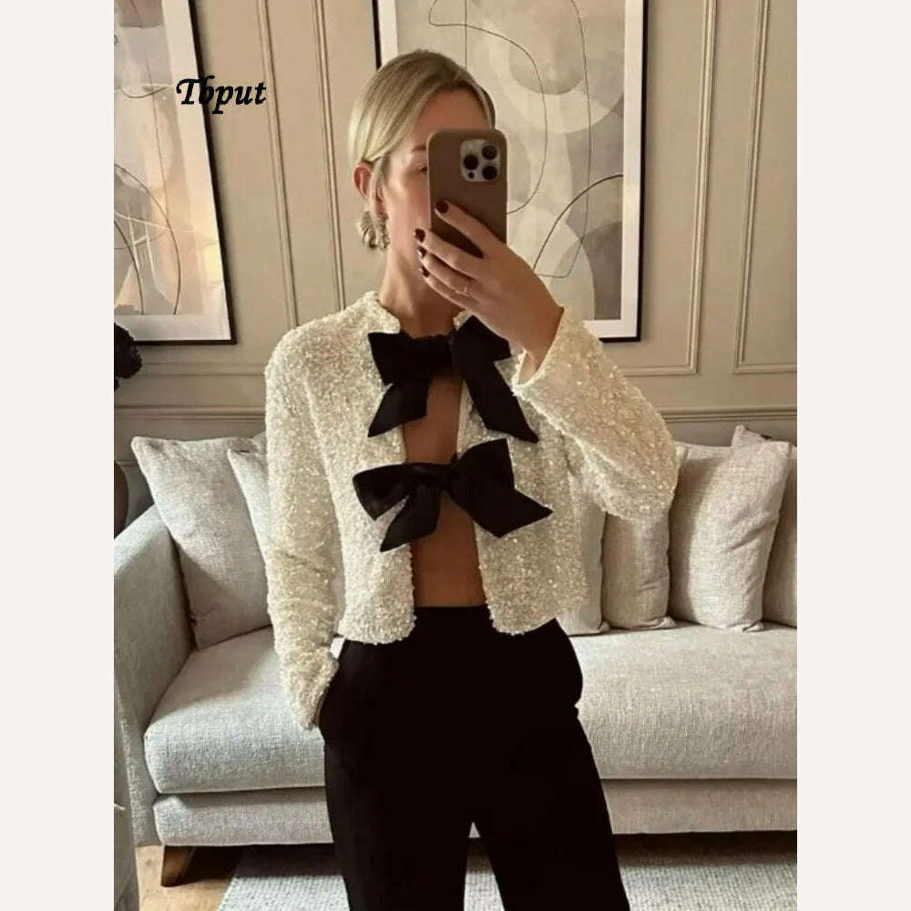 Sweet Bow Lace Up Sequin Shiny Jacket For Women Fashion O-neck Long Sleeves Sexy Cardigans Lady Elegant Christmas Party Outwear - KIMLUD