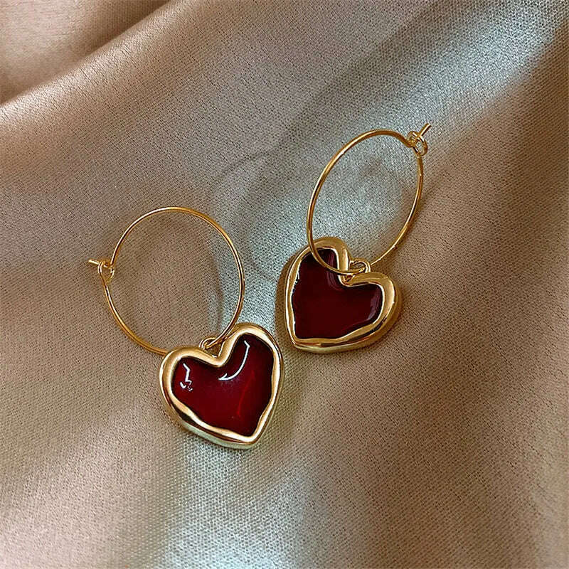 KIMLUD, Sweet Burgundy Enamel Heart Earrings for Women Girl Gold Color Metal Love Heart Hanging Dangle Earrings Vintage Jewelry, KIMLUD Womens Clothes