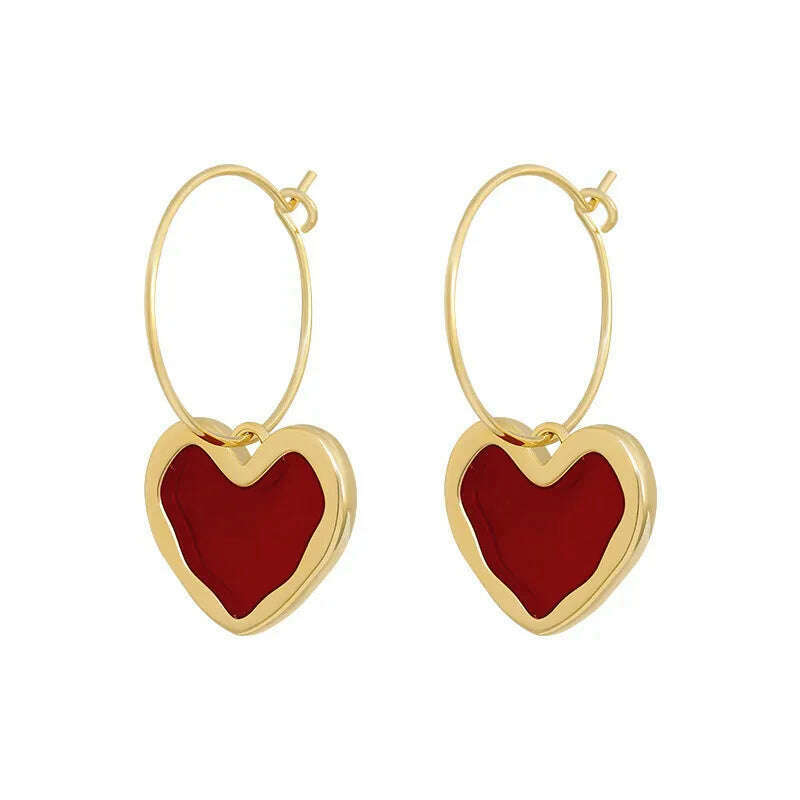 Sweet Burgundy Enamel Heart Earrings for Women Girl Gold Color Metal Love Heart Hanging Dangle Earrings Vintage Jewelry - KIMLUD