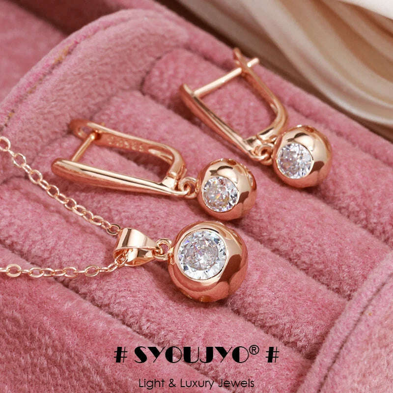 KIMLUD, SYOUJYO Fashion 585 Rose Gold Color Jewelry Set Natural Zircon Orb Dangle Earrings Necklace Luxury Anniversary Gift, KIMLUD Womens Clothes