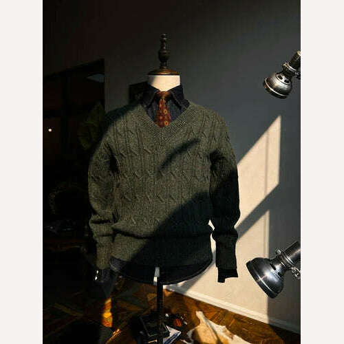 Tailor Brando Vintage V-Neck Aran Sweater 80% Australian Wool Knit Twisted Knit Pullover Sweater - KIMLUD