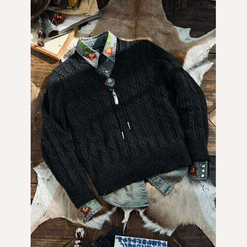 Tailor Brando Vintage V-Neck Aran Sweater 80% Australian Wool Knit Twisted Knit Pullover Sweater - KIMLUD