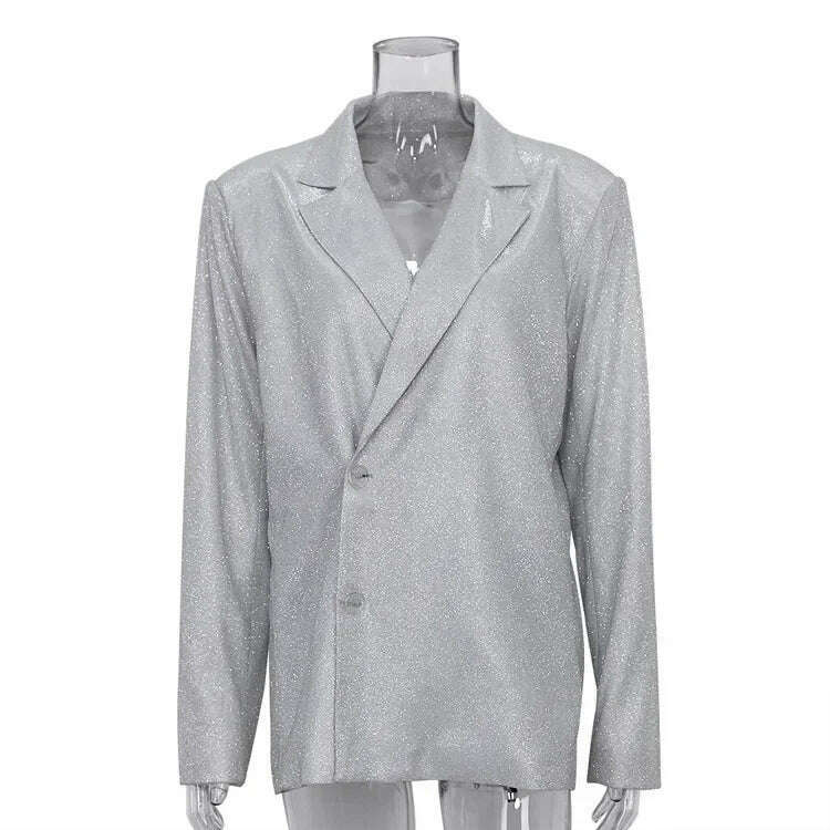 TARUXY Sliver Sparkly OVersized Blazer Sets For Women Suit Ladies Casual Glitter Coat And Pants Sets Blazer Femme Mujer Party - KIMLUD