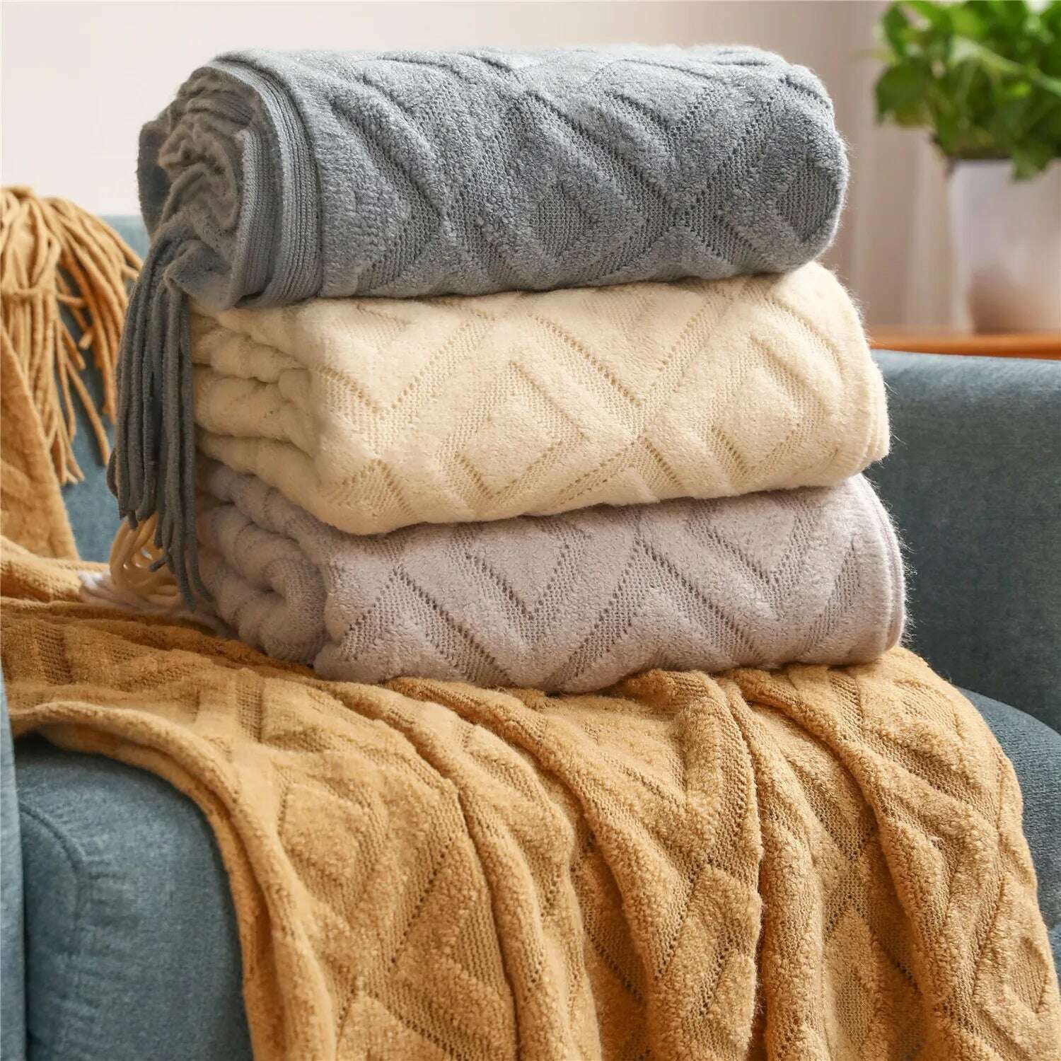 Textile City Diamond-Shaped Cashmere Sofa Blanket Solid Winter Thickened Knitting Tassels Blanket Office Nap Jacquard DIY Towel - KIMLUD