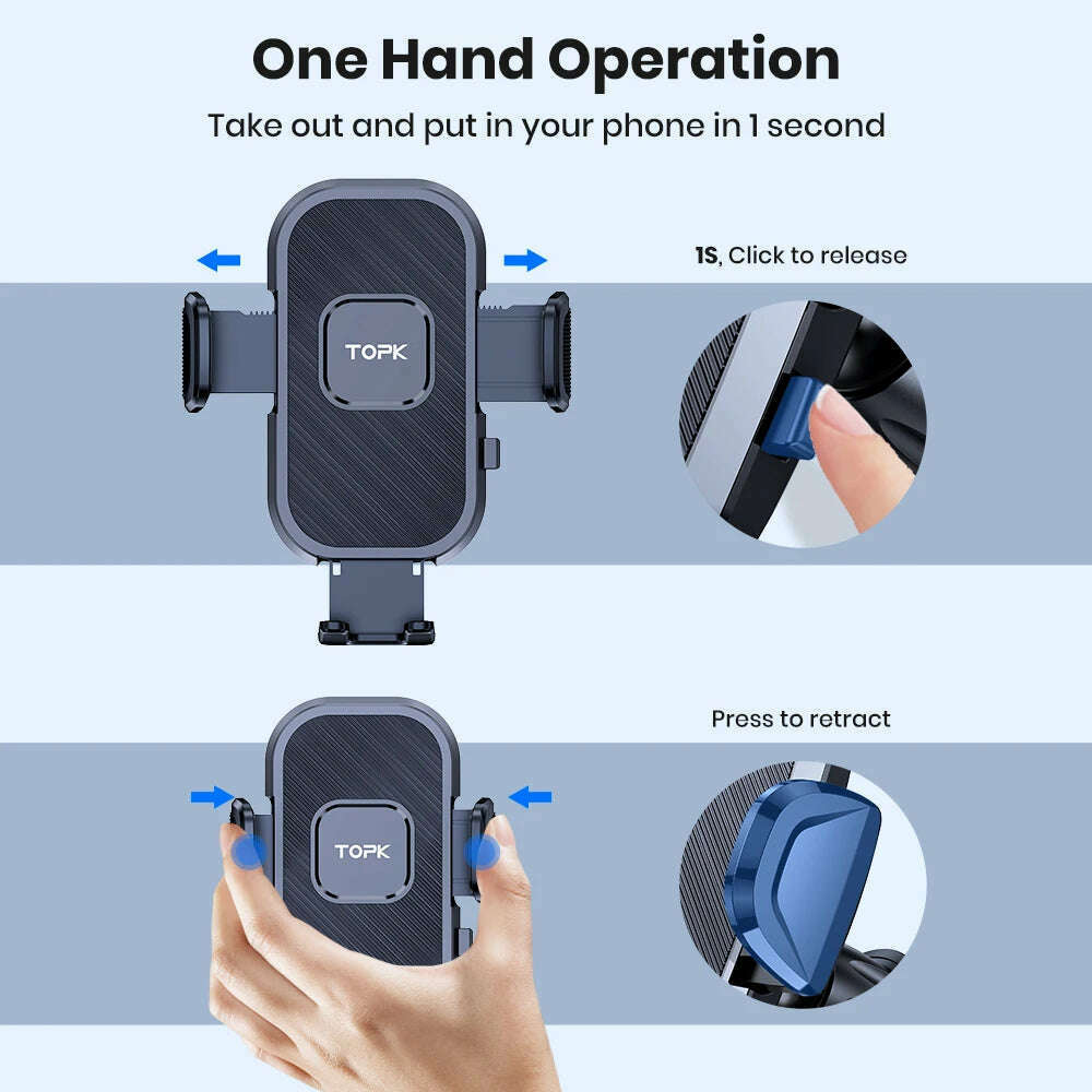 TOPK D38T Car Phone Holder, Superior Stability Extended Arm 3-Point Support Extendable Metal Hook Phone Stand for Cars - KIMLUD