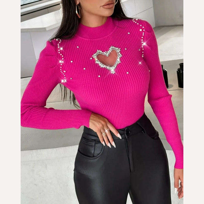 Tops for Women 2023 Winter Blouse Casual Solid Color Rhinestone Hollow Heart Knit Long Sleeve Pullover Skinny Sweater for Women - KIMLUD