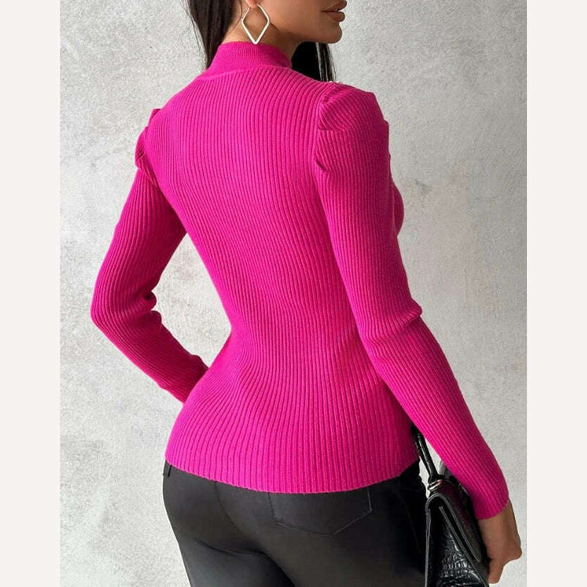 Tops for Women 2023 Winter Blouse Casual Solid Color Rhinestone Hollow Heart Knit Long Sleeve Pullover Skinny Sweater for Women - KIMLUD
