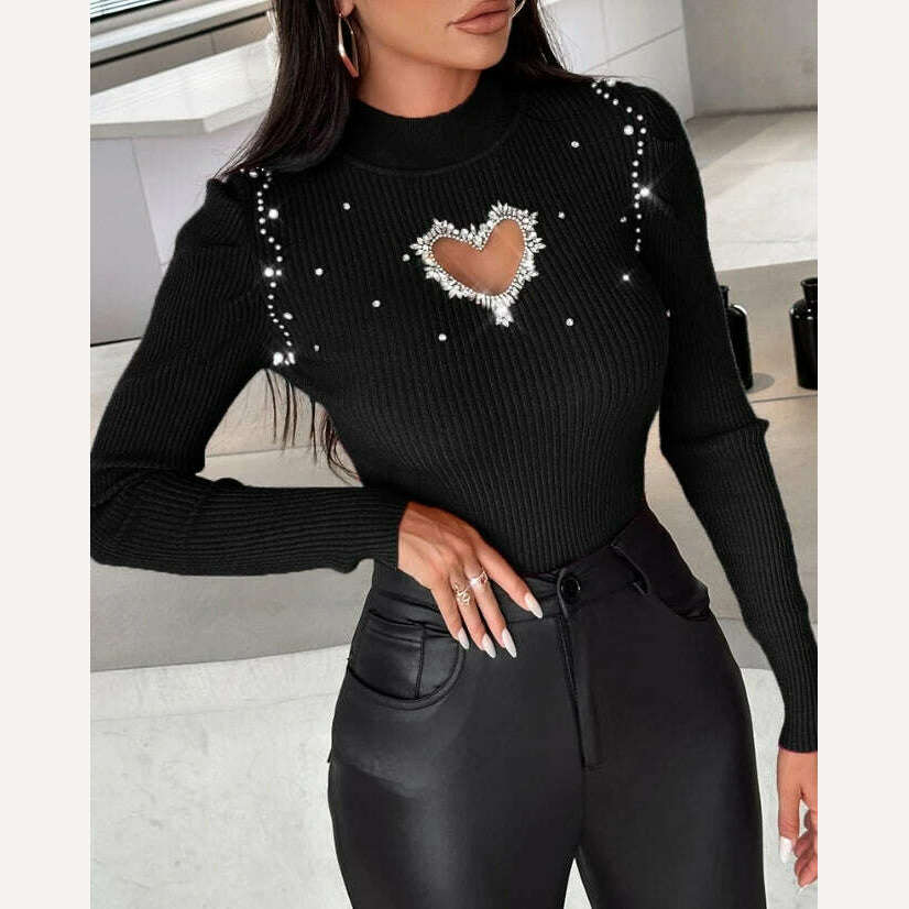 Tops for Women 2023 Winter Blouse Casual Solid Color Rhinestone Hollow Heart Knit Long Sleeve Pullover Skinny Sweater for Women - KIMLUD