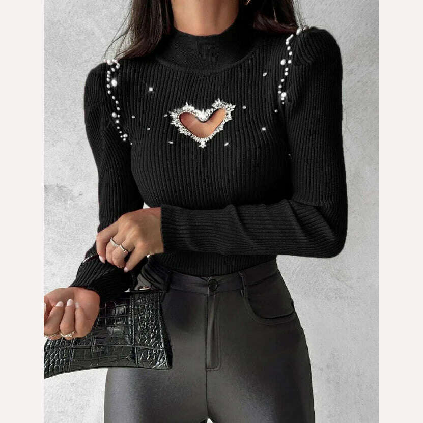 Tops for Women 2023 Winter Blouse Casual Solid Color Rhinestone Hollow Heart Knit Long Sleeve Pullover Skinny Sweater for Women - KIMLUD