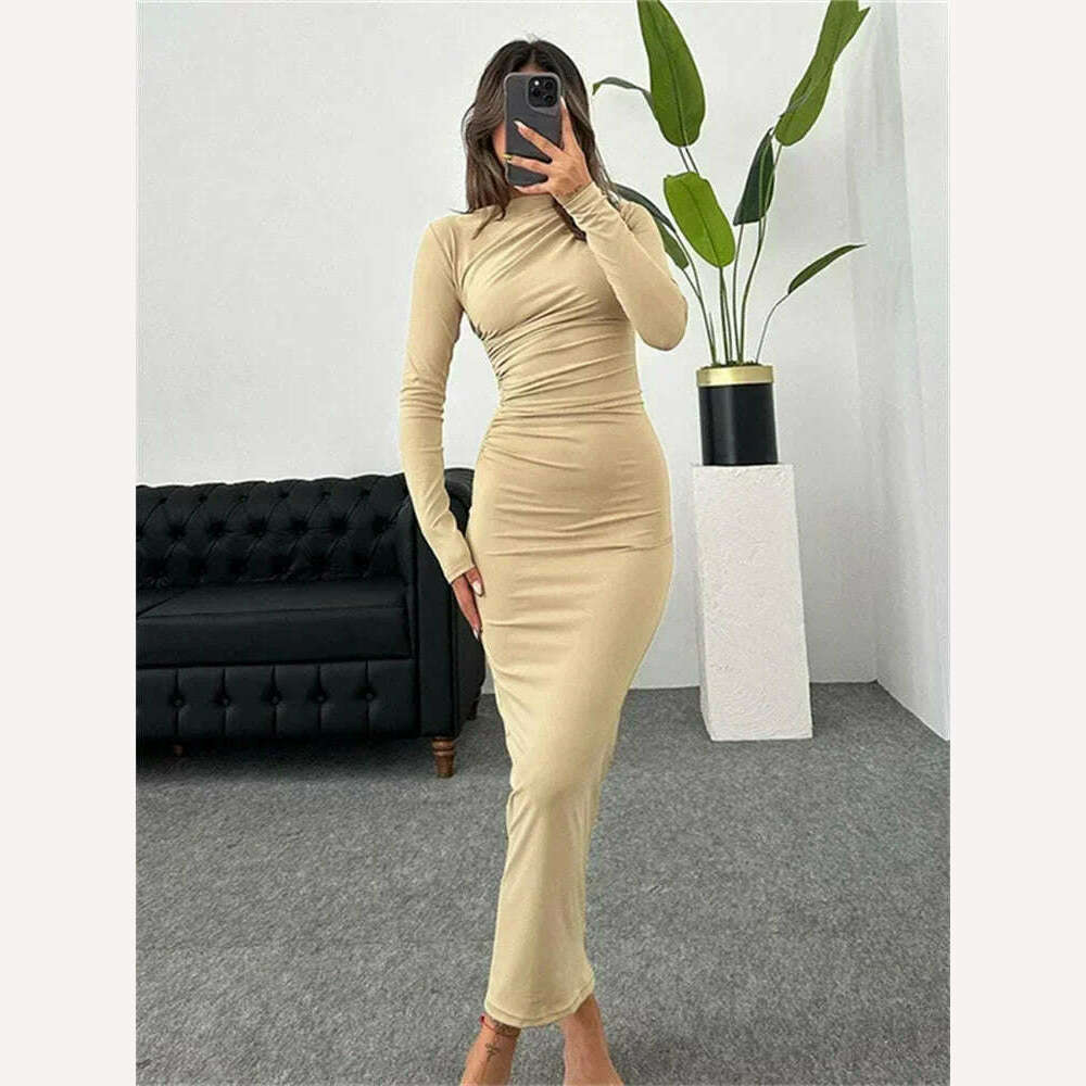 Tossy Fashion Pleated Autumn Dress Patchwork Elegant Women Long Sleeve Solid Vestidos Slim High Waist Bodycon Maxi Dress 2023 - KIMLUD