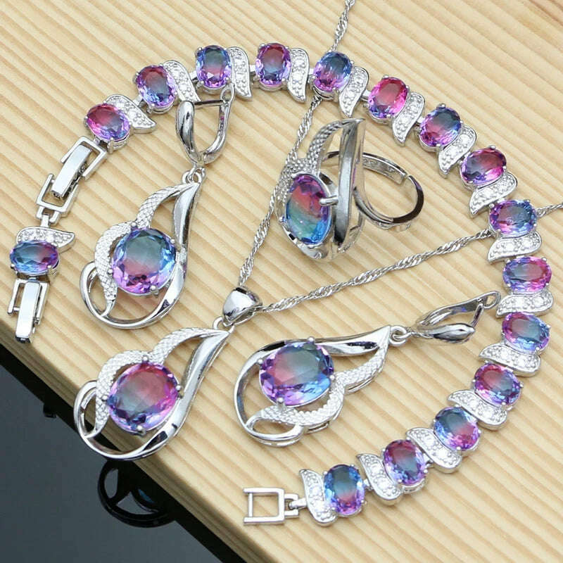 KIMLUD, Tourmaline Jewelry Sets For Women -  925 Sterling Silver Earring/Pendant/Necklace/ Open Ring/Tennis Bracelet Set Dropshipping, KIMLUD Womens Clothes